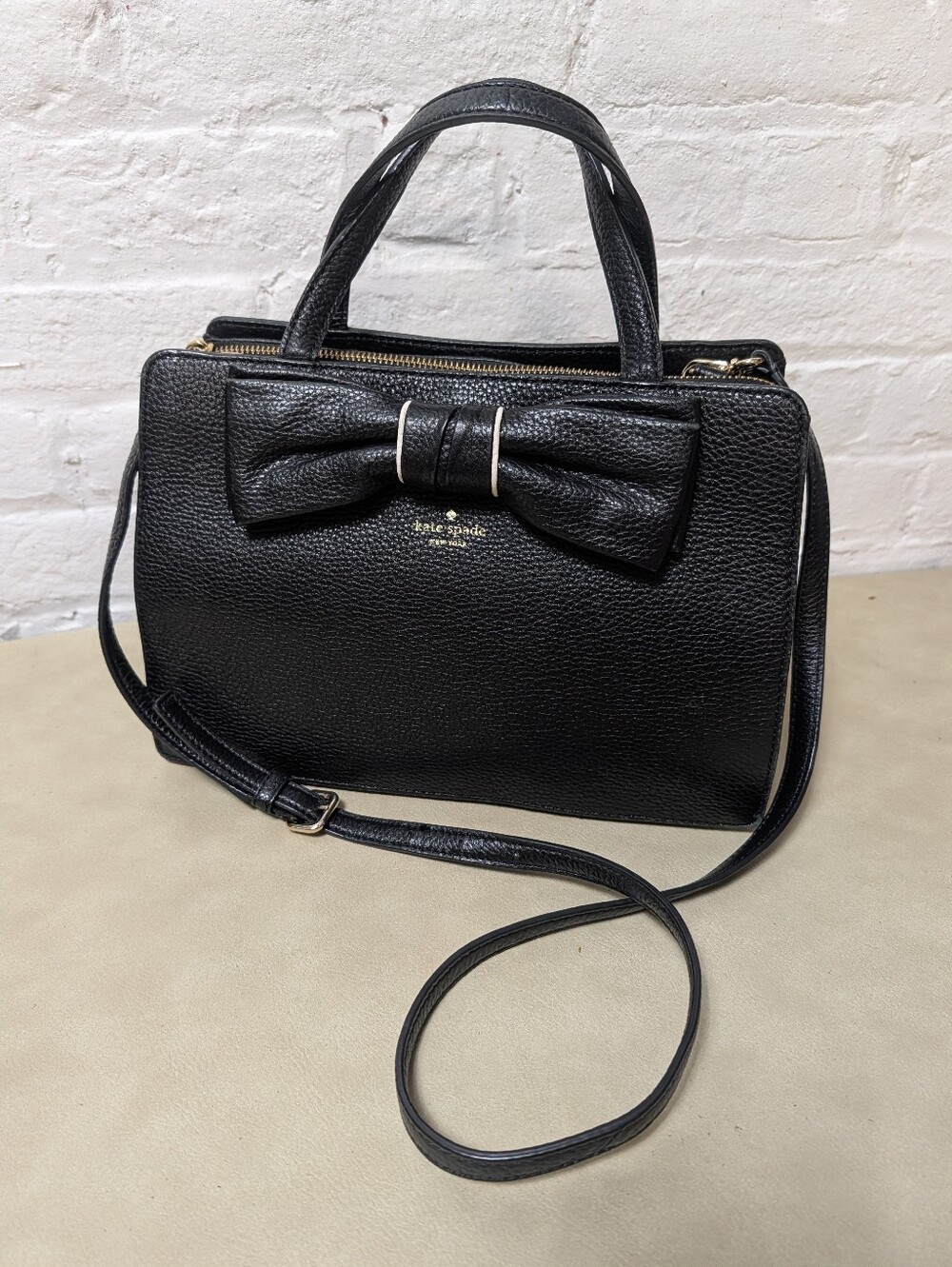 Kate Spade Black Pebbled Leather Bow Satchel with Strap